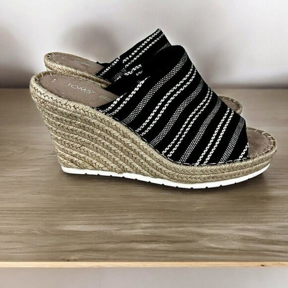 TOMS Women’s 10 Monica Mule Wedge Sandal Black Stripe Canvas Espadrille - Picture 3 of 7